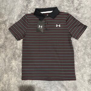 Under Armour Drifit Polo Short Sleeve Shirt Black Red Stripes Boys Youth Small